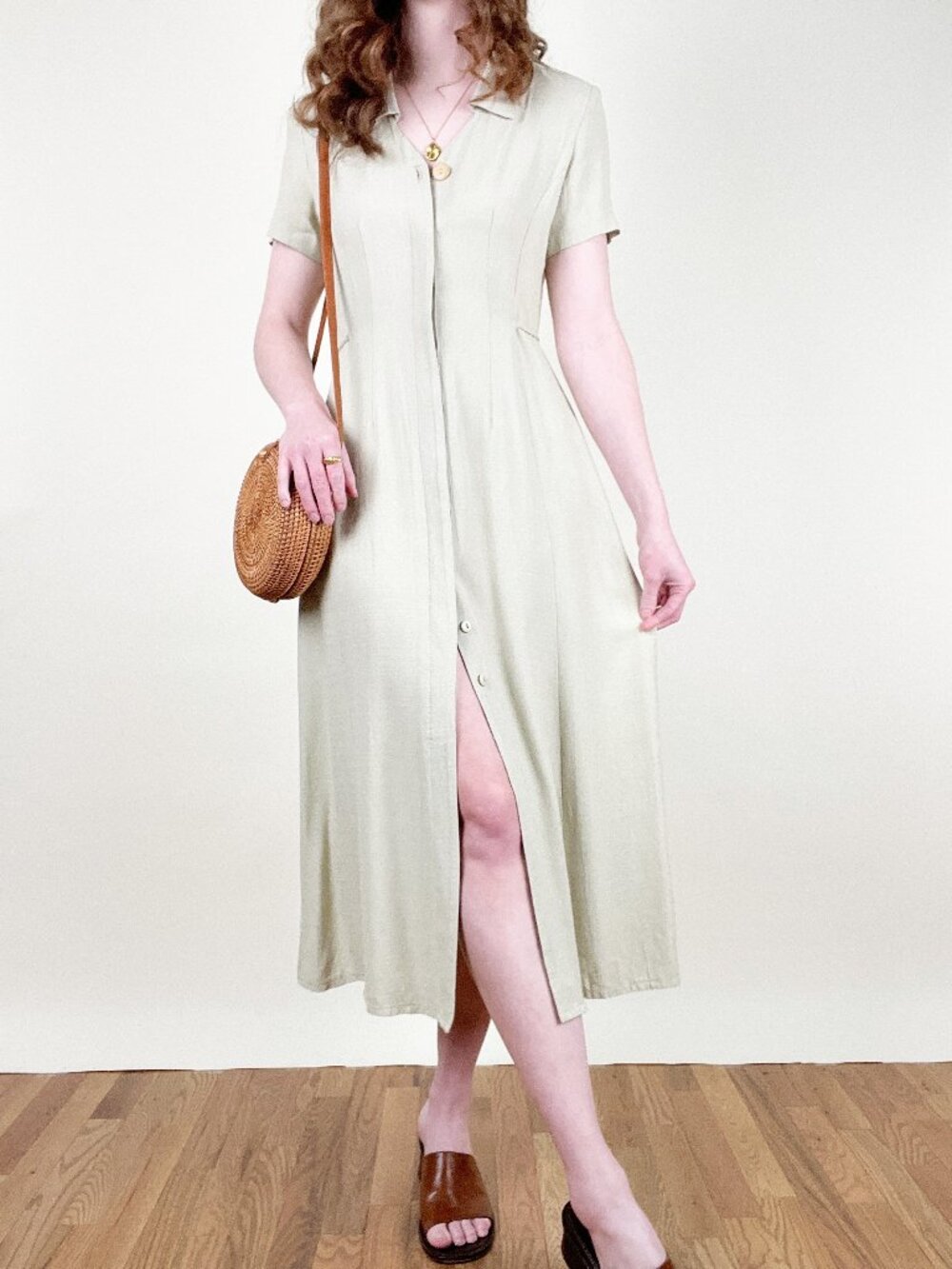 Vintage 90s Midi Shirt Dress A-Line Sage Green Minimalist Made in Canada 1990's